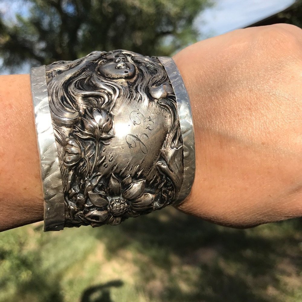 Antique Art Nouveau American Beauty Sterling Silver 925 Cuff Bracelet Lady Face - Picture 2 of 13